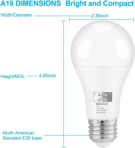Miniatura 7 de Qualilux Bombillas LED A19 del atardecer al amanecer 850 LM, equivalente a 60 W, luz diurna, 9.5 W de eficiencia energética, A19, base E26, paquete