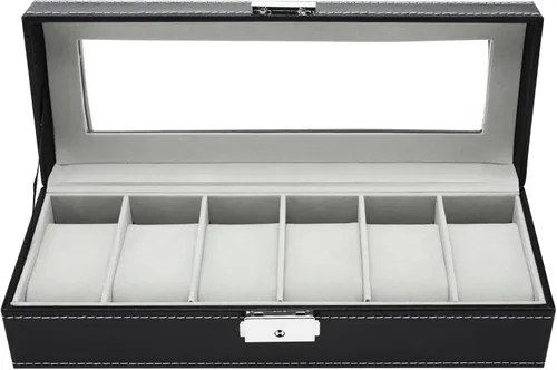 Miniatura 9 de NovelBee Cajas de reloj con 6 ranuras, vitrina rectangular para relojes con tapa de vidrio y almohadas extraíbles para hombres y mujeres