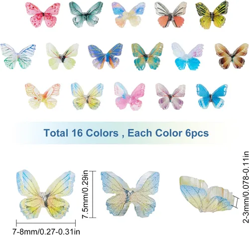 Miniatura 2 de SUNNYCLUE 1 caja de dijes de resina de mariposa, coloridos cabujones de mariposa 3D, diminutos dijes de espalda plana para mujeres, broche, uñas