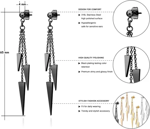 Miniatura 3 de 555Jewelry Pendientes colgantes de acero inoxidable con triple triángulo para mujer