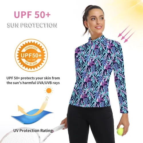 Miniatura 96 de WOWENY Camiseta deportiva de manga larga para mujer, con cremallera de un cuarto, cuello para entrenamiento, camiseta de tenis con estampado