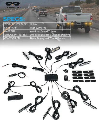 Miniatura 7 de LUMENIX Kits de luces estroboscópicas de rejilla para camiones con controlador, 8 unidades de cubierta LED de alta intensidad Montaje