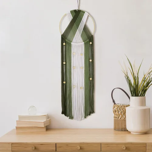 Miniatura 17 de Tapiz bohemio de macramé para colgar en la pared, tejido teñido anudado de fibra verde y blanca, hecho a mano, para colgar en la pared, grande