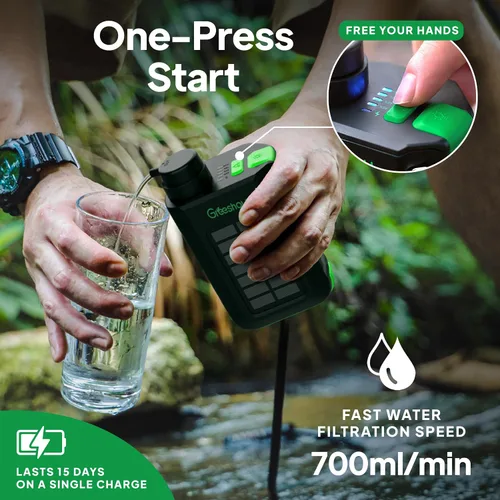Miniatura 3 de Greeshow Filtro de Agua Eléctrico Portátil para Acampar - Alimentado por Energía Solar, Manivela Manual, Carga USB, Purificador de Agua