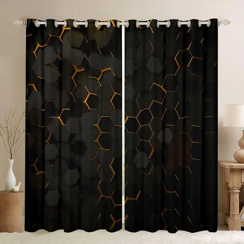 Miniatura 42 de Manfei Cortinas opacas negras de panal de abeja con luces de neón azul real, tratamientos de ventana con estampado geométrico hexagonal, decoración