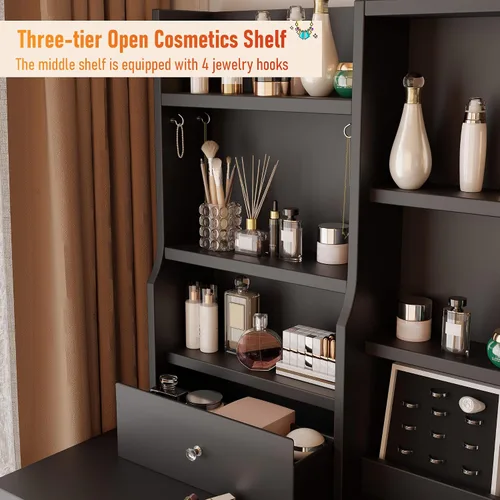 Miniatura 5 de DYHOME Escritorio de maquillaje con espejo de luces LED, 3 modos ajustables y tomas de corriente, mesa de tocador con 6 cajones y banco, escritorio