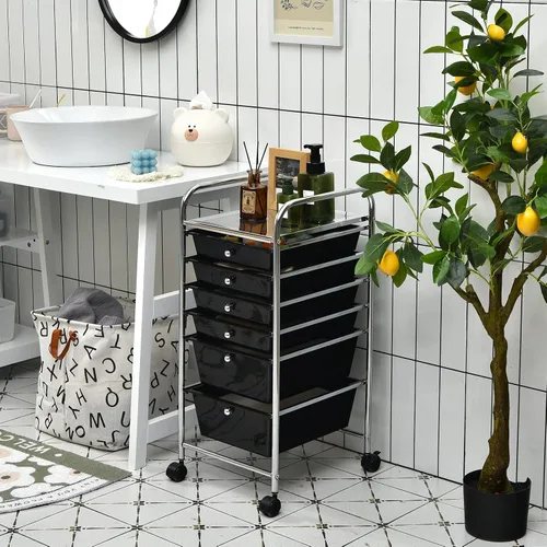 Miniatura 2 de Happygrill Carrito organizador de 6 cajones, carrito de almacenamiento móvil con cajones extraíbles y ruedas con cerradura, carrito de Negro