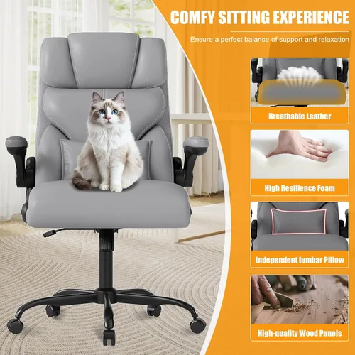 Miniatura 4 de Silla de oficina ejecutiva con reposabrazos abatibles, sillas ergonómicas de escritorio para computadora, silla de oficina de cuero con respaldo Gris