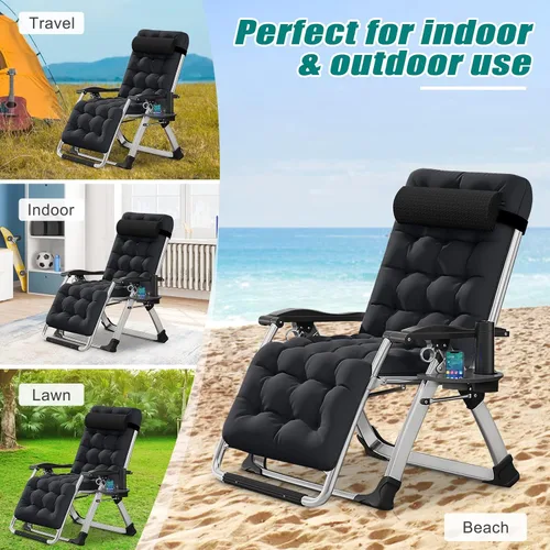 Miniatura 8 de Silla de gravedad cero, sillón reclinable de césped, tumbona reclinable para patio, tumbona plegable portátil con cojín suave desmontable, soporte
