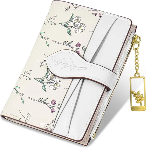 Miniatura 14 de Carteras para mujer - Bloqueo RFID - Pequeña billetera con flores, cuero PU suave, plegable, bolsillo con cremallera para monedas, tarjetero