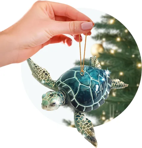 Adorno de tortuga marina azul, decoraciones navideñas pintadas a mano 2023, temática de playa, decoración del océano, adornos de árbol de Navidad,