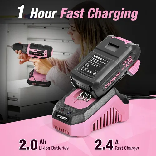 Miniatura 6 de WORKPRO Juego de taladro inalámbrico rosa de 20 V, portabrocas sin llave de 3/8 pulgadas, batería de iones de litio de 2.0 Ah, cargador rápido de 1