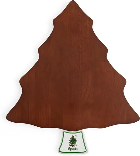 Spode Juego de tabla y esparcidor de queso de árbol de Navidad (2 piezas) - Tabla de servir queso de madera de acacia de 13 pulgadas con esparcidor