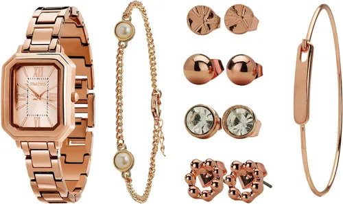 Miniatura 9 de TIME100 Juego de reloj rectangular para mujer con pulsera, cadena y 4 pares de aretes, caja de regalo rosa con cremallera W50893L