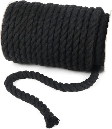 Miniatura 4 de Tenn Well Cordón de macramé negro de 0.394 pulgadas, 50 pies, cuerda de algodón gruesa torcida de 3 capas para manualidades, colgar en la pared
