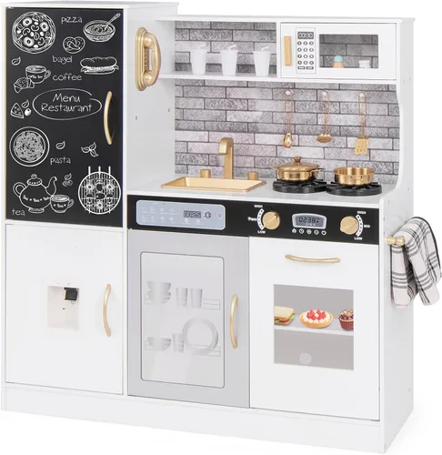 Costzon Juego de Cocina para Niños, Set Grande de Juguete de Cocina de Chef de Madera con Sonidos y Luces Reales, Microondas, Pizarra, Horno, Blanco