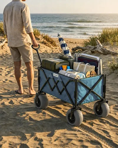 Miniatura 9 de Carro de playa con ruedas grandes para arena, carrito utilitario con marco de acero todo terreno con neumáticos de 9 pulgadas, diseño plegable