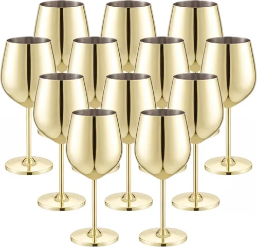 Didaey Paquete de 12 copas de vino de acero inoxidable con tallo dorado de 9 onzas, vasos irrompibles portátiles de metal inastillables, vasos de