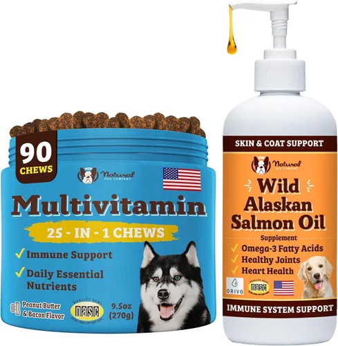 Natural Dog Company Paquete de bienestar para perros, aceite de salmón para perros, multivitamínico y suplemento, alivio de la picazón