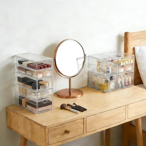 Miniatura 5 de Prsildan Organizador de maquillaje de acrílico con 9 cajones, juego de 3 organizadores de escritorio de oficina, cajones de almacenamiento apilables