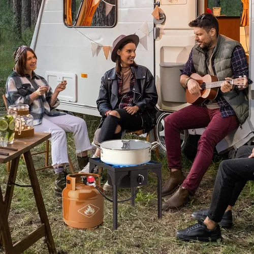 Miniatura 7 de Outvita Estufa de camping de gas portátil de 75,000 BTU, quemador de propano para exteriores con regulador de 20 psi, cocinilla individual de alta