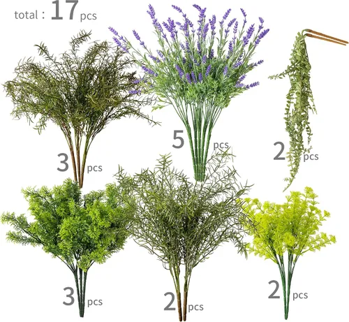 Miniatura 2 de PARTY JOY 17 racimos de plantas falsas para exteriores, arbustos falsos resistentes a los rayos UV, flores artificiales verdes, arbustos