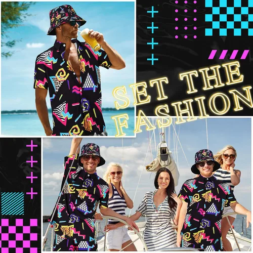 Miniatura 7 de Conjunto de 2 piezas de camisa y pantalones cortos retro de los años 80 y 90 con sombrero, trajes de playa hawaianos para hombres, fiesta