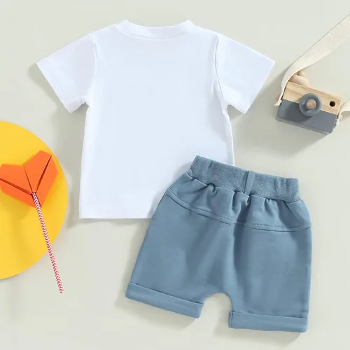 Miniatura 49 de Conjunto de traje de verano para bebé niño pequeño, manga corta, cuello redondo, letras impresas, lindo traje de verano, conjunto de 2 piezas
