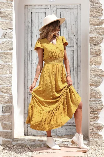 Miniatura 2 de PRETTYGARDEN - Vestido bohemio de manga corta con cuello en V y plumetí con volantes, vestido maxi fruncido de cóctel