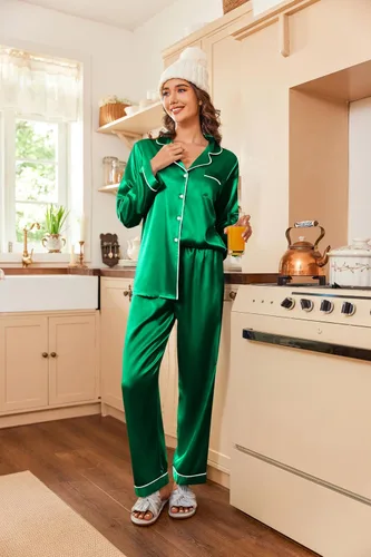 Miniatura 2 de Ekouaer - Conjunto de pijama clásico de seda satinada, con botones, para mujer