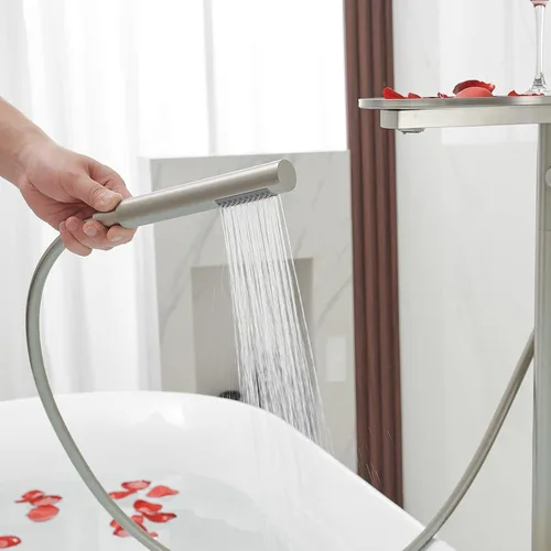 Miniatura 7 de BWE Grifo de bañera independiente de níquel cepillado, relleno de bañera de una sola manija, grifo mezclador de alto flujo con ducha de mano