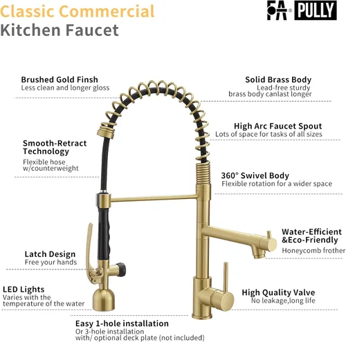 Miniatura 8 de Fapully Grifo de cocina de una sola manija con arco alto, dorado cepillado, extraíble con LED, grifos de fregadero de cocina de una sola palanca