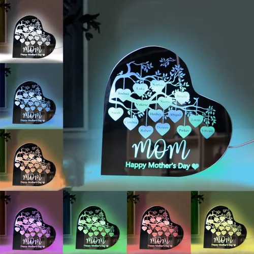 Espejo de corazón familiar personalizado con luz de 7 colores, espejo de pared de neón, espejo acrílico, árbol genealógico, espejo de dormitorio,