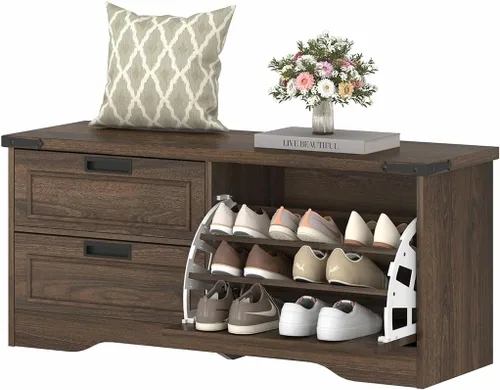 Miniatura 9 de FATORRI Banco con almacenamiento para zapatos para entrada, bancos de madera con puerta abatible y cajones, gabinete organizador de zapatos