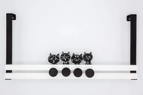 Miniatura 3 de Creathome Riel sobre la puerta con 4 ganchos de clavija, bonito patrón de gato, estilo blanco y negro
