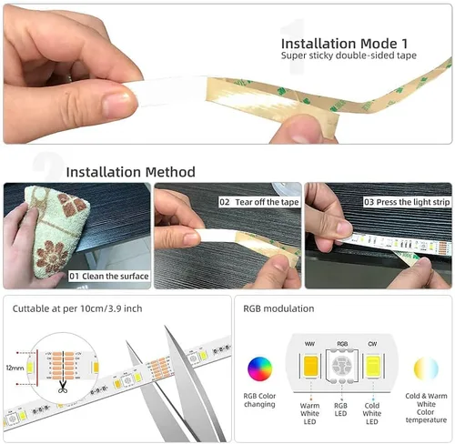 Miniatura 6 de GIDEALED Tira de luces LED RGBWW de 2700 K ~ 6500 K, blanco cálido blanco frío y 16 millones de cambios de color RGB, tira LED 5050 RGBCCT