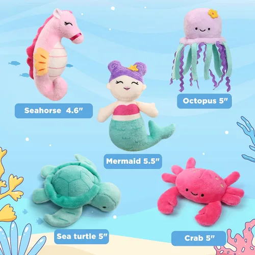 Miniatura 2 de BenBen Paquete de 5 animales de peluche del océano, juguetes de peluche de criatura marina con bolsa de transporte de concha, lindos peluches