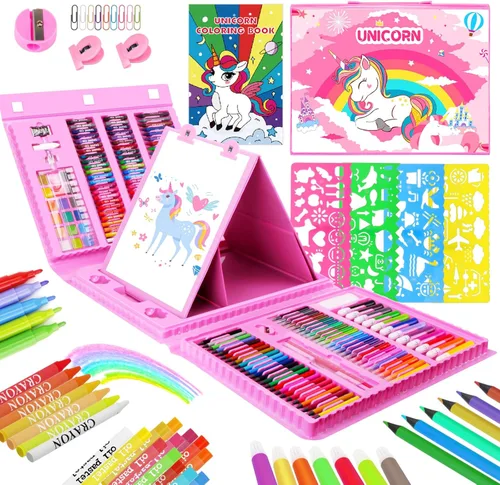 Miniatura 11 de homicozy Suministros de arte para niños de 4 a 12 años, estuche de arte con juegos de dibujo de dinosaurios, kits de colorear con caballete triple