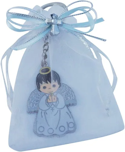 Llavero de bautismo de primera comunión (12 piezas) niño ángel con bolsas decoradas de organza/Recuerdos para Primera Comunión BAUTIZO Niño Blu