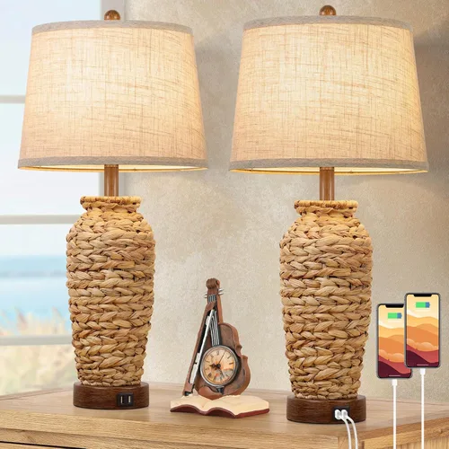 Miniatura 9 de Juego de 2 lámparas de mesa de ratán para sala de estar con 2 puertos USB, lámpara de dormitorio de 27 pulgadas de alto, casa de campo costal