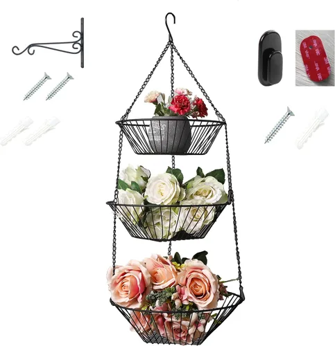 Miniatura 10 de JUNCHU CHERRY Cesta colgante de frutas de 3 niveles, 2 paquetes, almacenamiento para colgar en la pared, cesta de organización de cocina y baño
