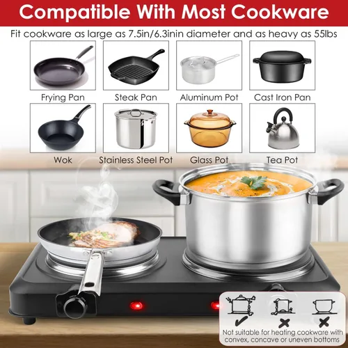 Miniatura 5 de TeqHome Quemador doble infrarrojo para encimera, placa eléctrica de 1800 W con placa de cocina de vidrio de cerámica de 7.5 pulgadas, temperatura