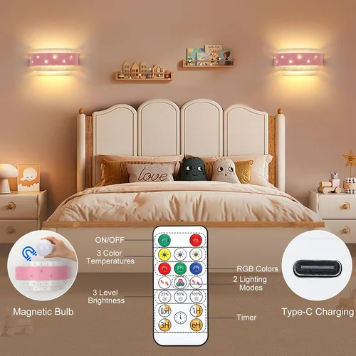 Miniatura 7 de Lightess Aplique de pared rosa que funciona con pilas para habitación de niñas, lámpara de pared LED regulable con forma de estrella, lámpara