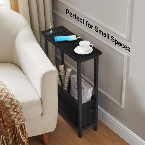 Miniatura 4 de BAMGROW Mesa auxiliar de carga delgada con almacenamiento, para espacios pequeños y dormitorio (negro)