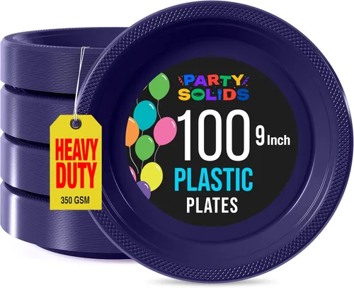 Miniatura 47 de Exquisitos platos de plástico rojo Party Solids para fiesta, platos desechables rojos de 9 pulgadas, juego de vajilla de plástico resistente, 100