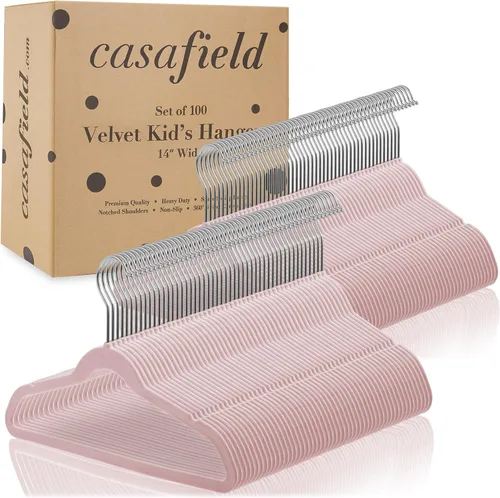 Miniatura 4 de Casafield 100 perchas de terciopelo para niños, tamaño de 14 pulgadas para ropa infantil, color rosa claro