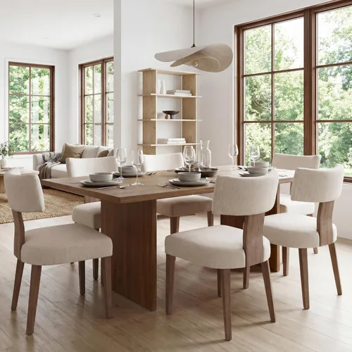 Miniatura 10 de Juego de 2 sillas de comedor de madera negra, sillas tapizadas de lino beige para cocina y comedor con respaldo medio, sillas laterales modernas