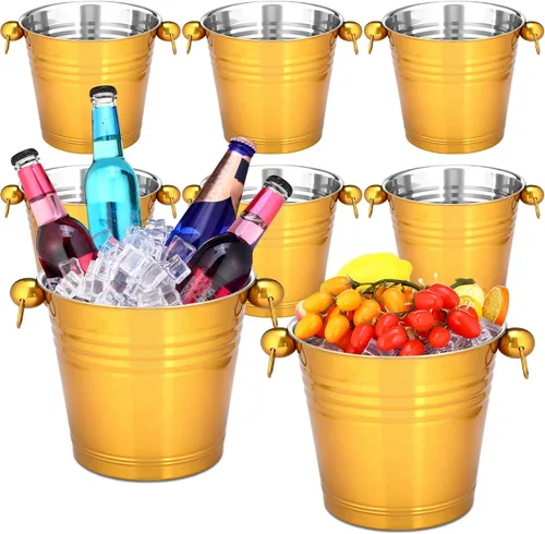 Amyhill Paquete de 8 cubos de hielo de acero inoxidable de 5.3 cuartos / 5 litros con asa, cubos grandes aislados para champán, cubo de cerveza para