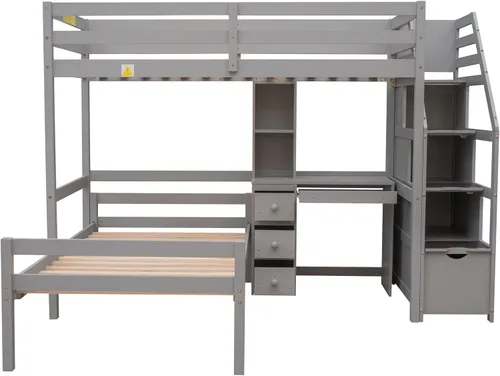 Miniatura 6 de Bellemave Cama alta con escritorio y escaleras, litera individual sobre cama individual con cajones de almacenamiento y estantes, camas altas