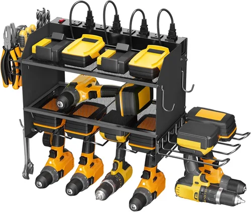CCCEI Organizador modular de herramientas eléctricas, estación de carga de montaje en pared, soporte negro para 6 taladros con regleta eléctrica de